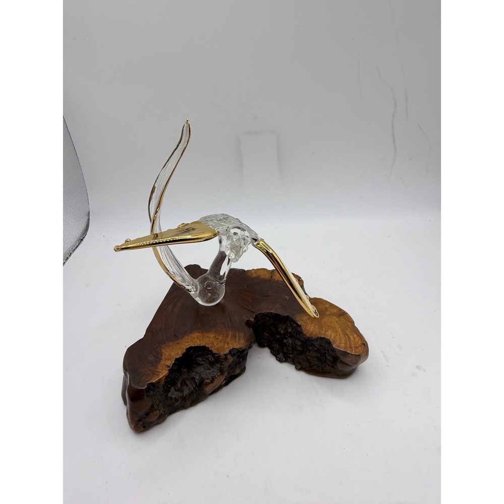 Glass Sea Turtle Figurine Gold Accents Burl Wood Base Sculpture Coastal Decor